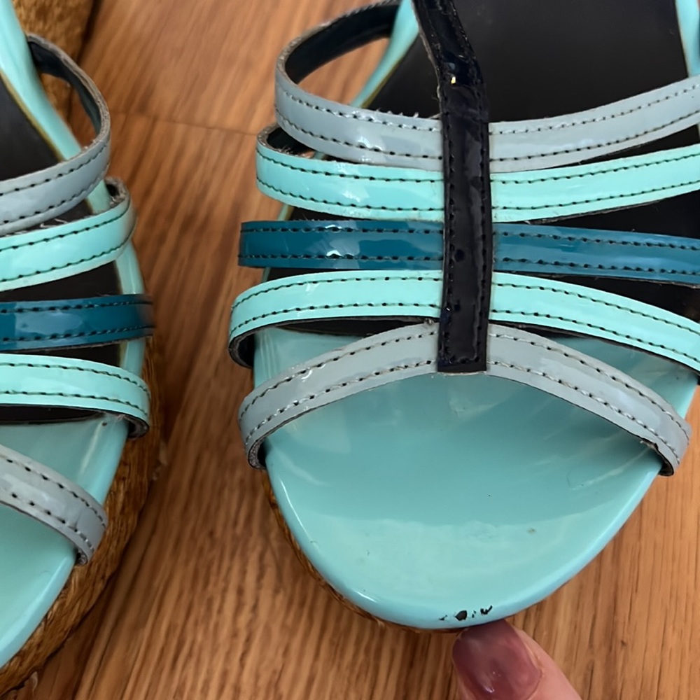 Christian Siriano for Payless wedge‎ Strappy sandals sz 9.5 turquoise t strap - Picture 11 of 14